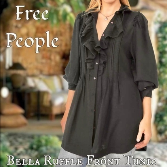 Free People Tops - FREE PEOPLE Bella Ruffle Front Detailed Tunic Top w/Pockets NWT/Black